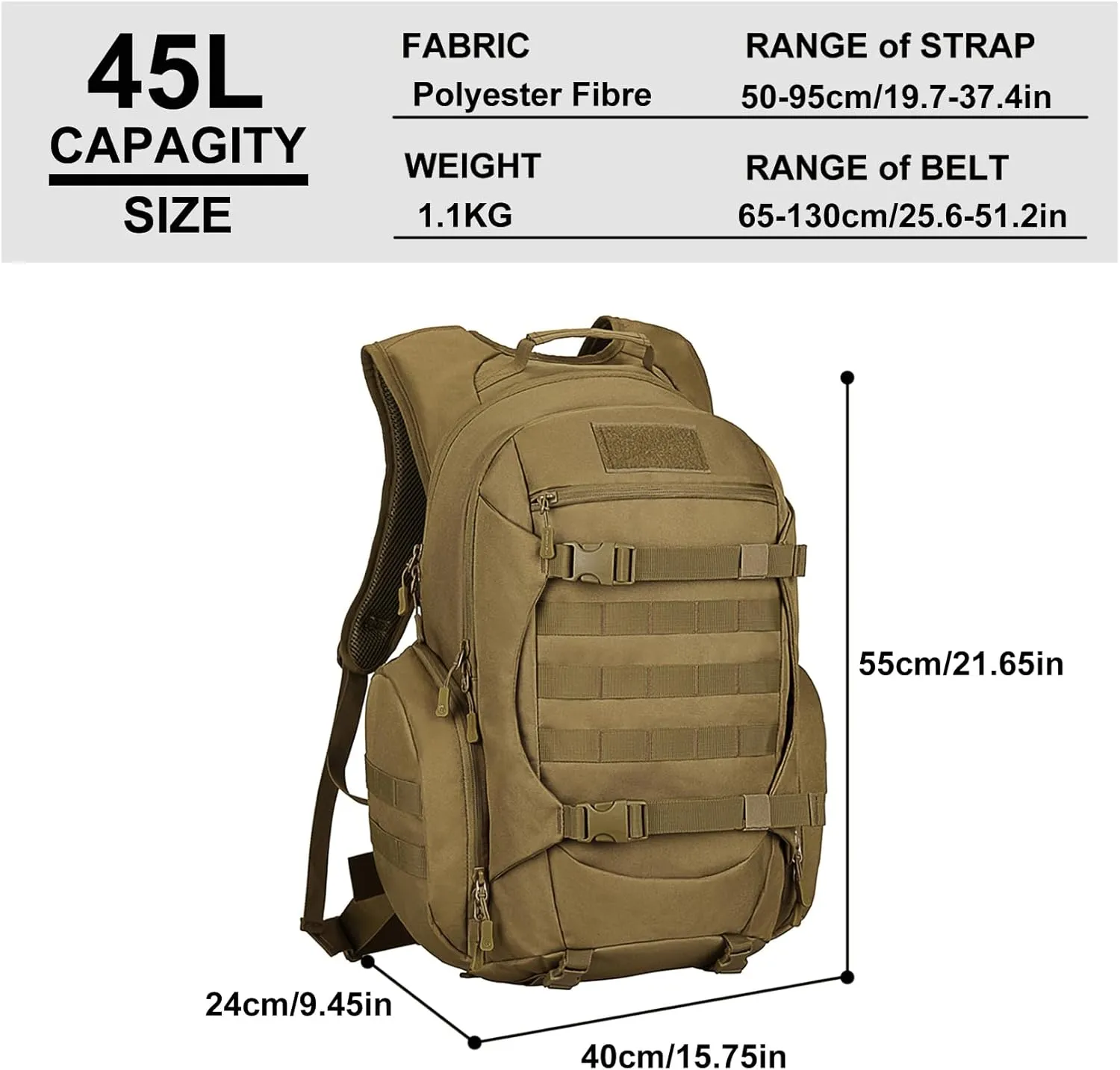 Tactical Travel Backpack Large Military Tactical Assault Pack, 3 Day Heavy Duty Camping Rucksack, 45L Hiking Bags (Khaki)