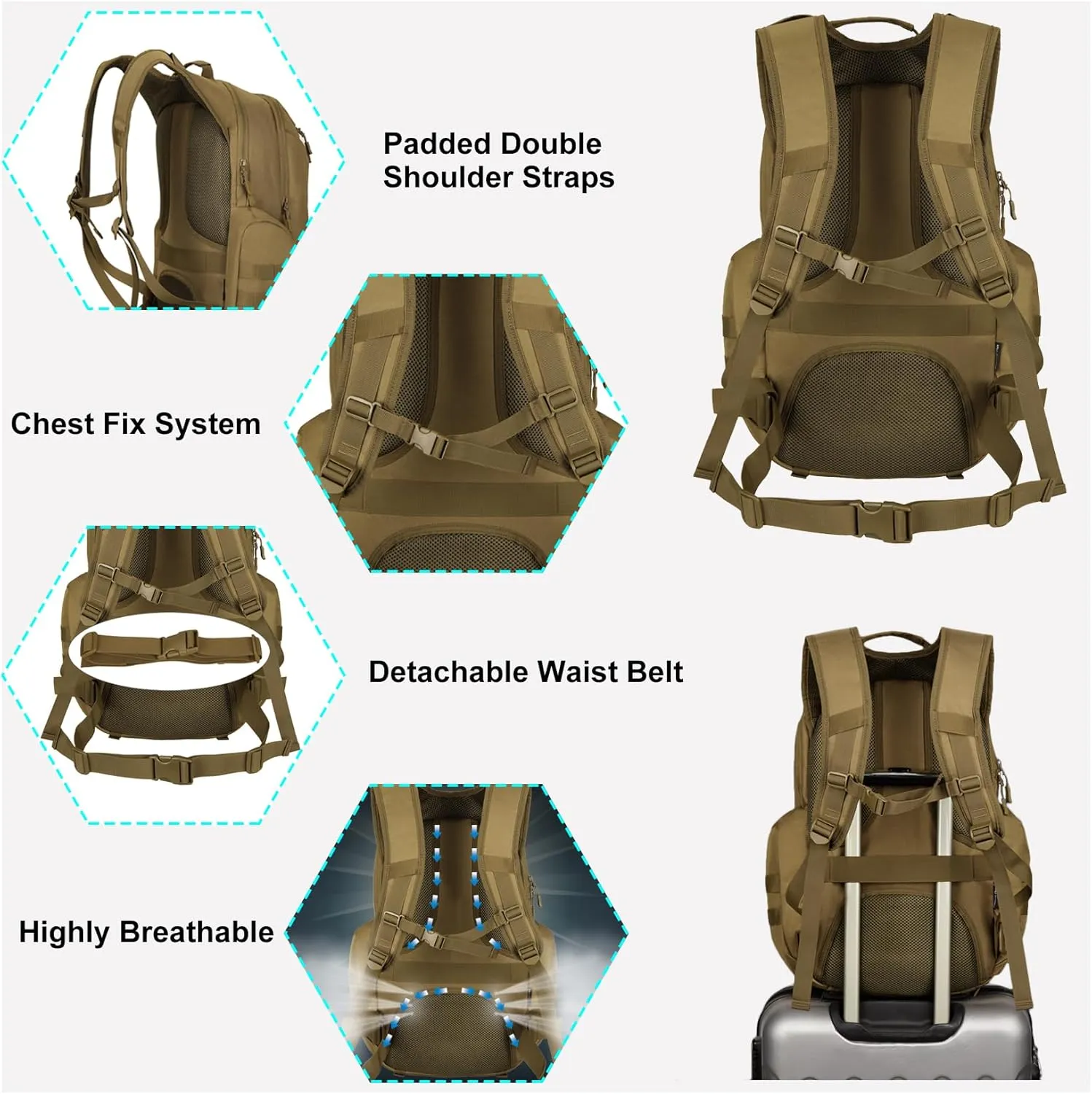 Tactical Travel Backpack Large Military Tactical Assault Pack, 3 Day Heavy Duty Camping Rucksack, 45L Hiking Bags (Khaki)