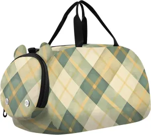 Tan Green Checked Kids Duffel Bag with Shoes Compartment Large Capacity Weekender Overnight Range Bag for School Practice, Sports, Travel