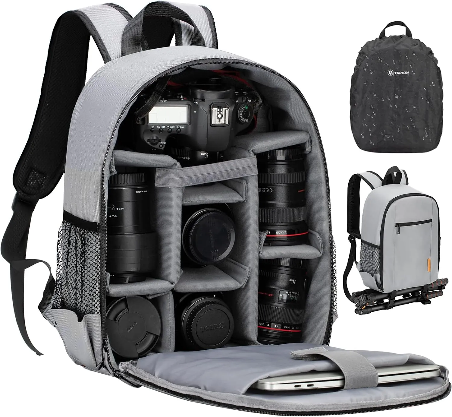 TARION Professional Camera Backpack Case with Laptop Compartment Waterproof Rain Cover for DSLR SLR Mirrorless Camera Lens Tripod Photography Backpack for Women Men Grey TB-S