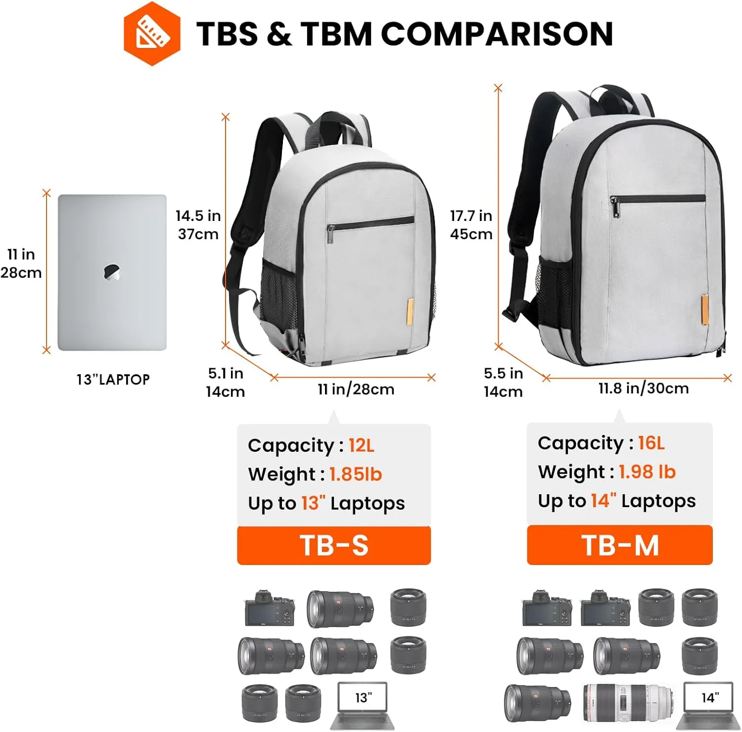 TARION Professional Camera Backpack Case with Laptop Compartment Waterproof Rain Cover for DSLR SLR Mirrorless Camera Lens Tripod Photography Backpack for Women Men Grey TB-S