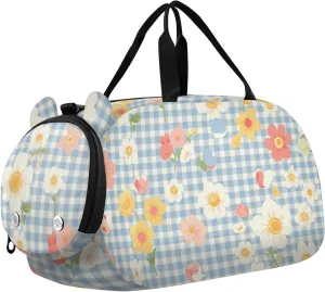 Tartan Plaid Flowers Blue Duffel Gym Bags with Shoes Compartment Lightweight Kids Overnighter Duffel Bags for School Practice, Sports, Travel