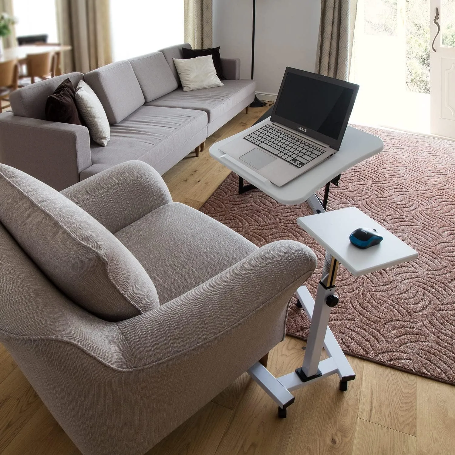 Tatkraft Like Portable Laptop Desk with Mouse Pad, Rolling Computer Stand with Adjustable Height, Sturdy and Ergonomic, White