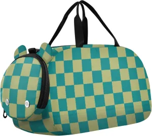 Teal Khaki Checker Plaid Small Gym Bag with Shoes Compartment Multifunctional Sports Overnight Travel Bag for Boys and Girls