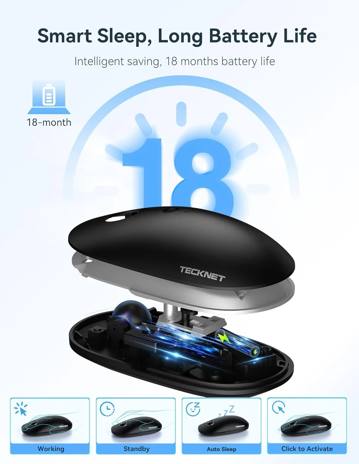 TECKNET Silent Mouse Wireless for Laptop PC, 2.4Ghz USB-A Wireless Computer Mouse, 4800 DPI Ambidextrous Quiet Click Mouse for Travel, Slim Portable Wireless Mouse (USB Receiver, Black & Grey)