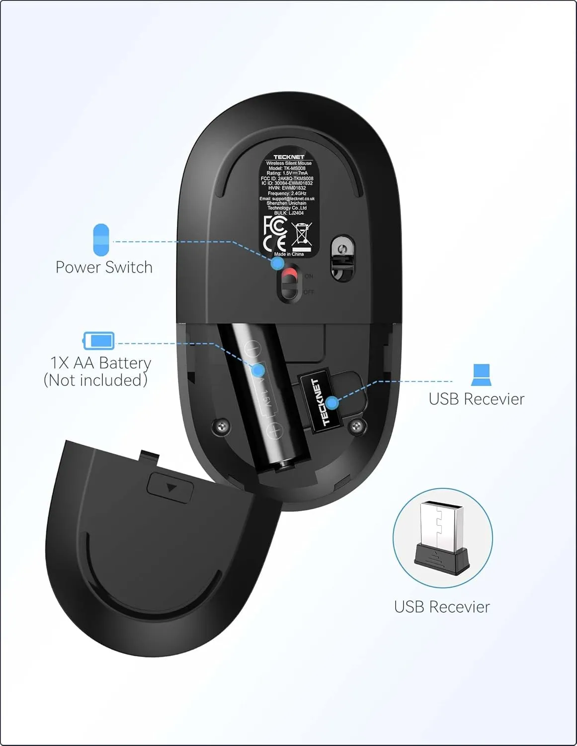 TECKNET Silent Mouse Wireless for Laptop PC, 2.4Ghz USB-A Wireless Computer Mouse, 4800 DPI Ambidextrous Quiet Click Mouse for Travel, Slim Portable Wireless Mouse (USB Receiver, Black & Grey)