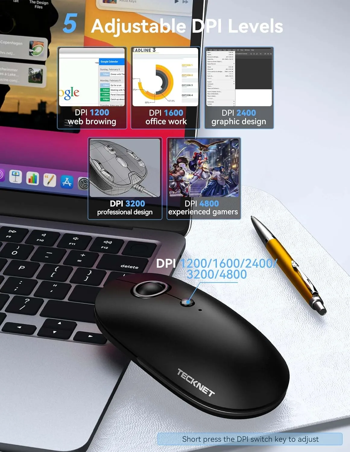 TECKNET Silent Mouse Wireless for Laptop PC, 2.4Ghz USB-A Wireless Computer Mouse, 4800 DPI Ambidextrous Quiet Click Mouse for Travel, Slim Portable Wireless Mouse (USB Receiver, Black & Grey)