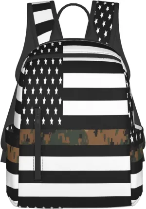 Thin Green Line Camo American Flag Casual Backpacks Laptop Backpack Outdoor Travel Rucksack Sport Carry-On Daypack Lightweight Bag with Multi-Pockets