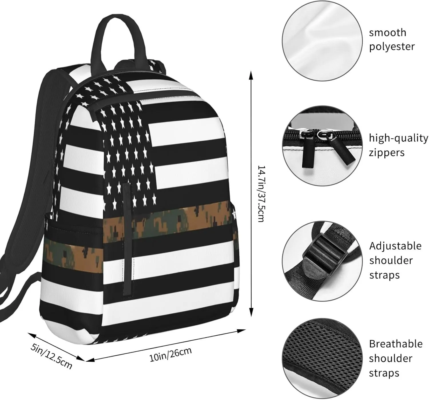 Thin Green Line Camo American Flag Casual Backpacks Laptop Backpack Outdoor Travel Rucksack Sport Carry-On Daypack Lightweight Bag with Multi-Pockets