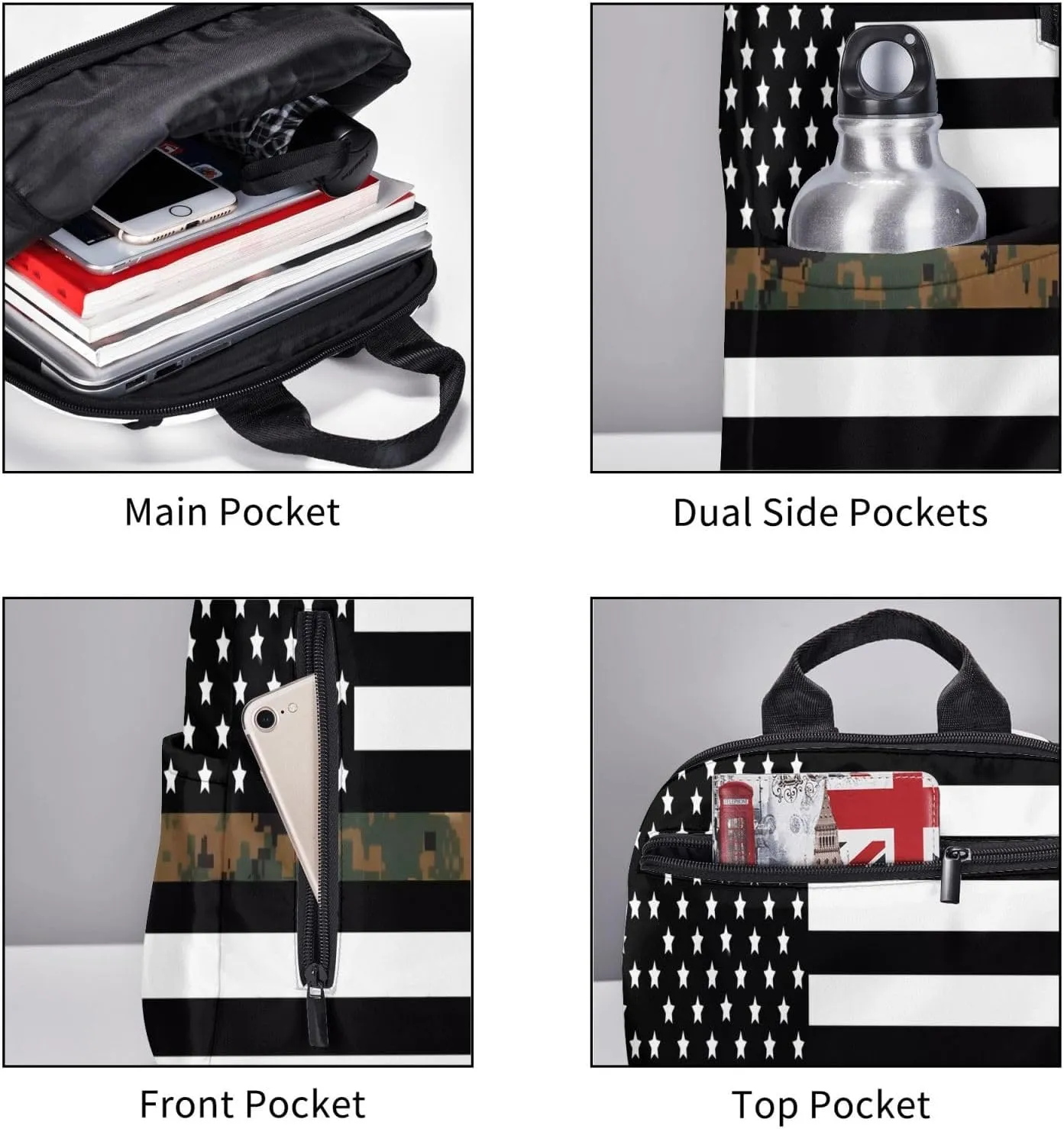 Thin Green Line Camo American Flag Casual Backpacks Laptop Backpack Outdoor Travel Rucksack Sport Carry-On Daypack Lightweight Bag with Multi-Pockets