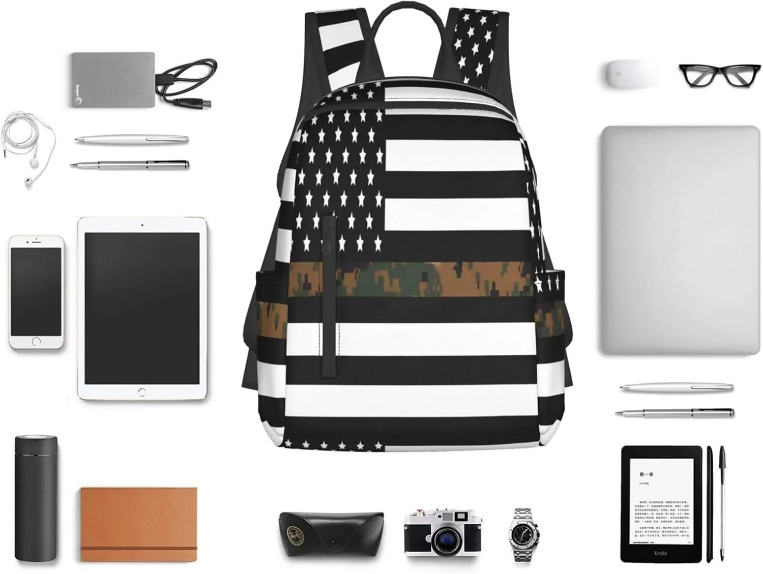 Thin Green Line Camo American Flag Casual Backpacks Laptop Backpack Outdoor Travel Rucksack Sport Carry-On Daypack Lightweight Bag with Multi-Pockets