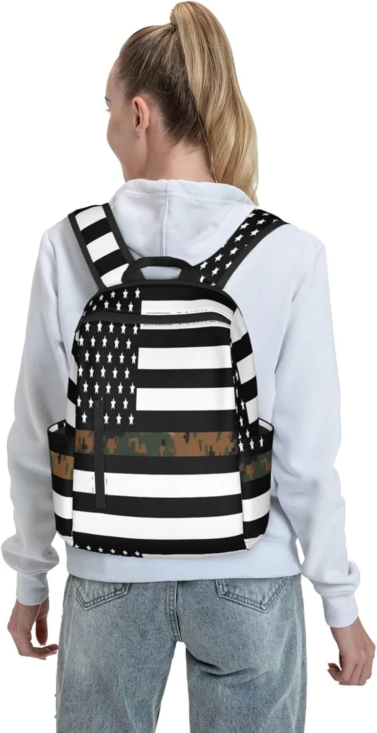 Thin Green Line Camo American Flag Casual Backpacks Laptop Backpack Outdoor Travel Rucksack Sport Carry-On Daypack Lightweight Bag with Multi-Pockets