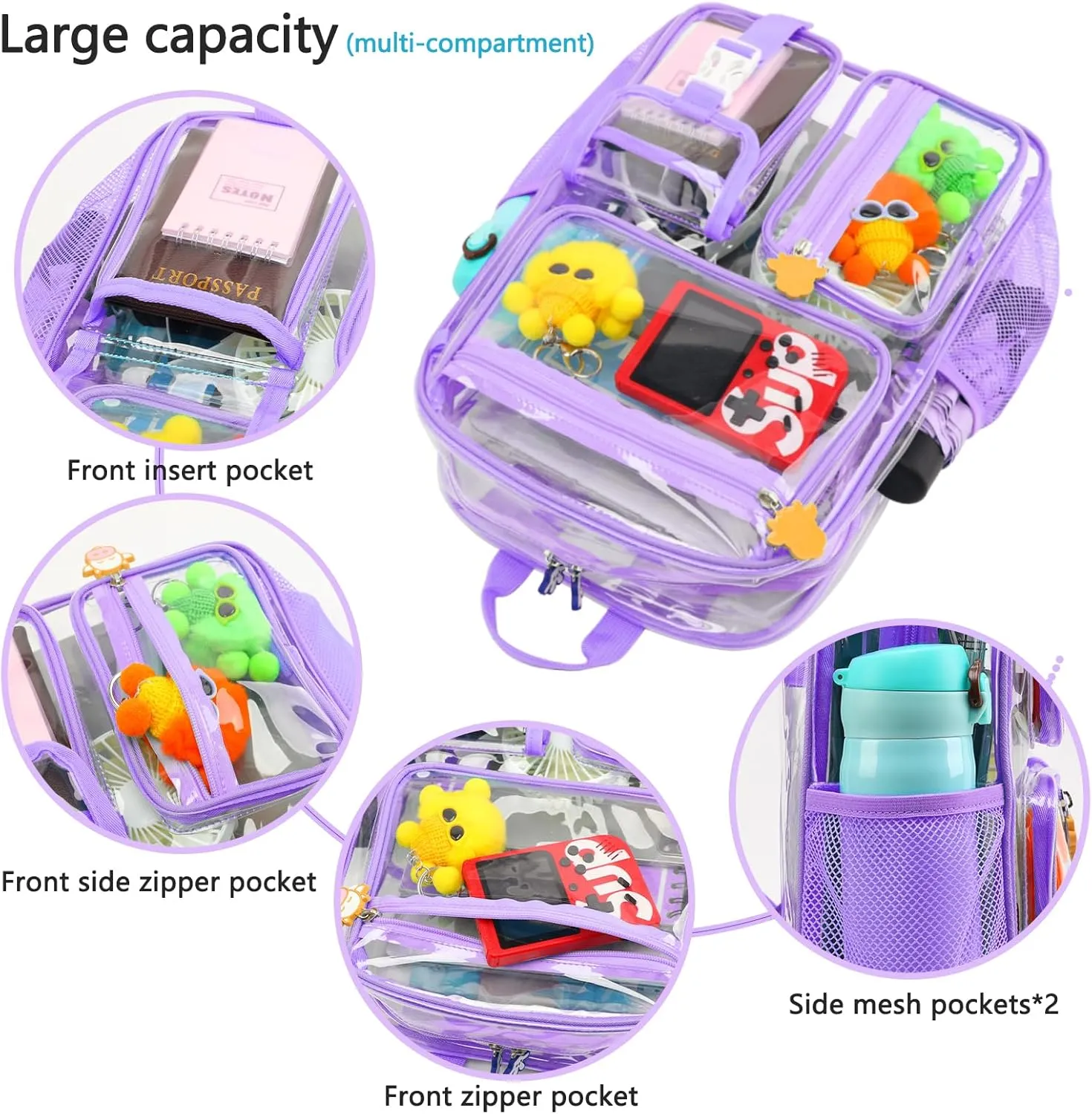 TINYAT Clear Backpack Heavy Duty Transparent Backpack Large Clear Bag See Through for College, Concert, Sport T9063,Purple