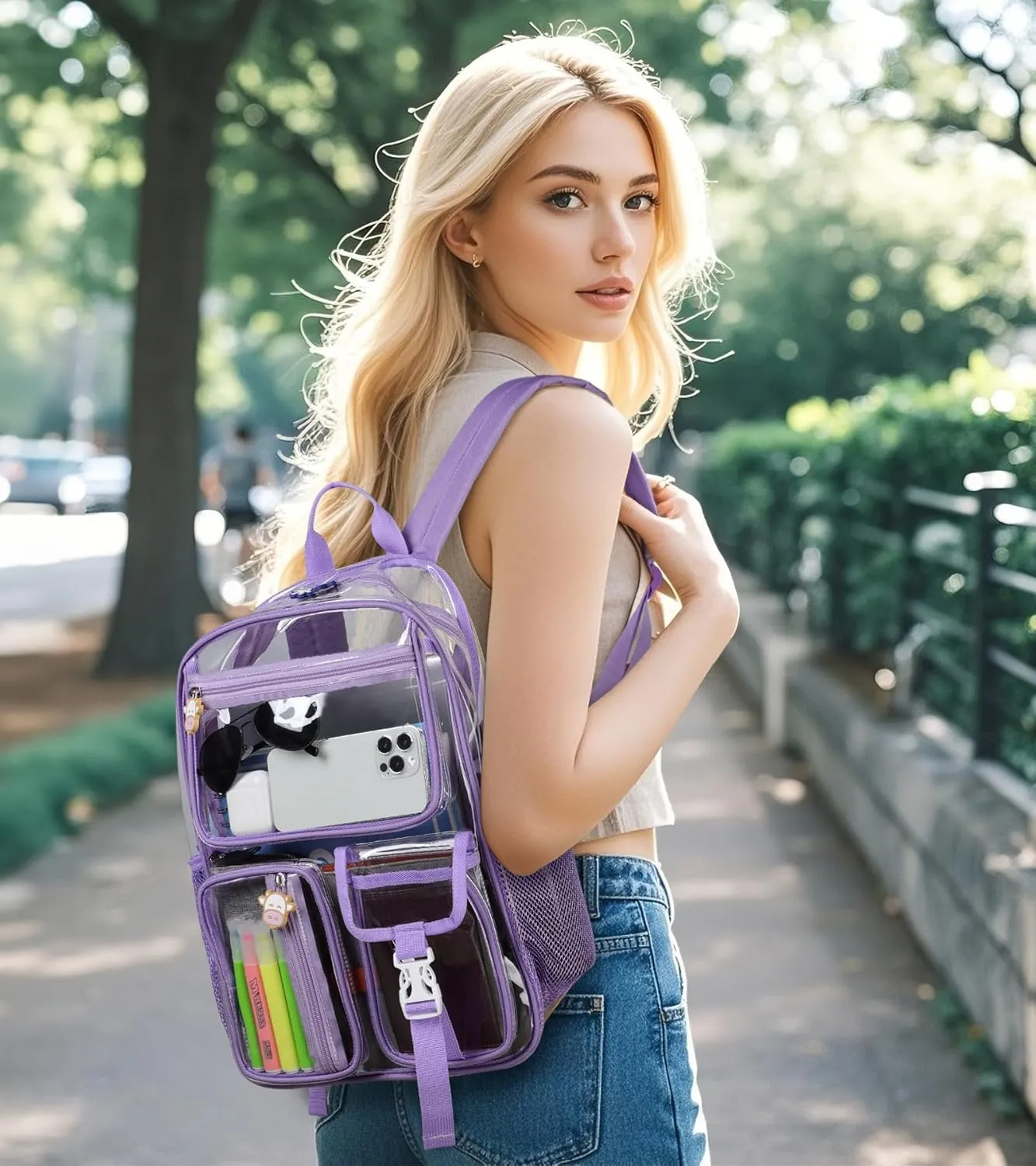 TINYAT Clear Backpack Heavy Duty Transparent Backpack Large Clear Bag See Through for College, Concert, Sport T9063,Purple