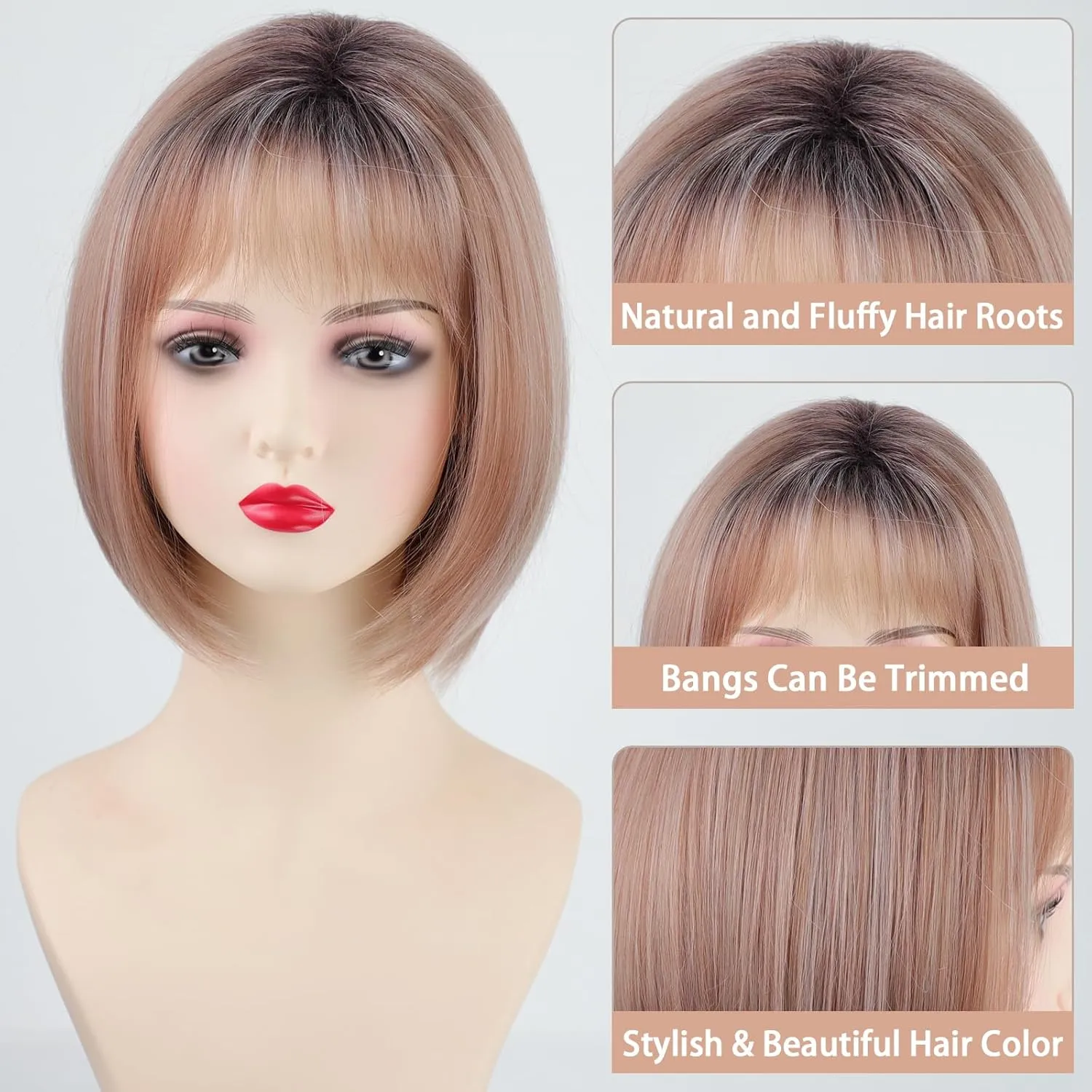 TISHINING Medium Length Bob Wig with Bangs for White Women Ombre Pink Brown Bob Wig with Dark Roots Layered Mix Brown Synthetic Hair Wig 12 Inch Natural Looking Daily Party Wig