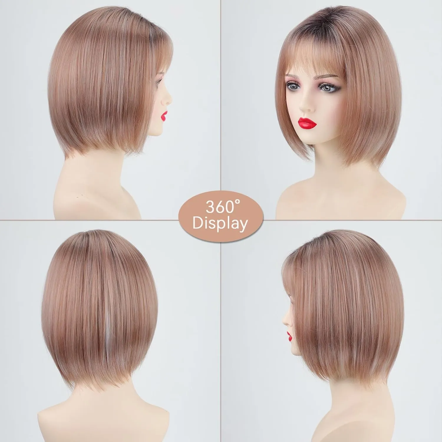 TISHINING Medium Length Bob Wig with Bangs for White Women Ombre Pink Brown Bob Wig with Dark Roots Layered Mix Brown Synthetic Hair Wig 12 Inch Natural Looking Daily Party Wig