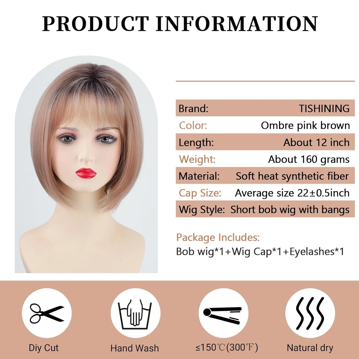 TISHINING Medium Length Bob Wig with Bangs for White Women Ombre Pink Brown Bob Wig with Dark Roots Layered Mix Brown Synthetic Hair Wig 12 Inch Natural Looking Daily Party Wig