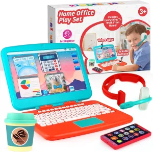 Toddler Pretend Work Station Set - Office Play, Kids Work Toys from Home Office, Package Includes Fake Laptop, 4 Velcro App Stickers, Toy Cell Phone, Coffee Cup, and Headset Ages 3 & Up