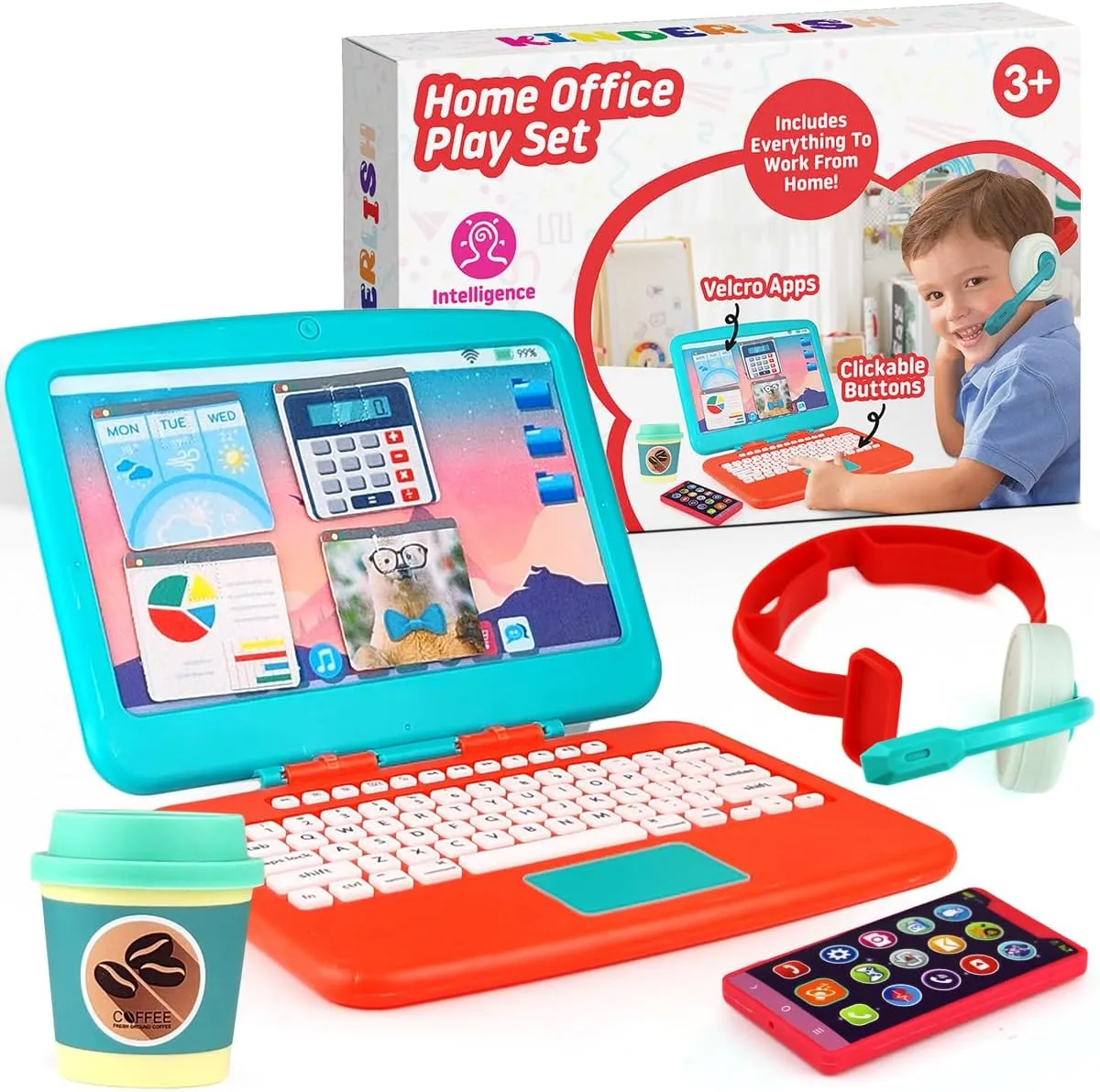 Toddler Pretend Work Station Set - Office Play, Kids Work Toys from Home Office, Package Includes Fake Laptop, 4 Velcro App Stickers, Toy Cell Phone, Coffee Cup, and Headset Ages 3 & Up