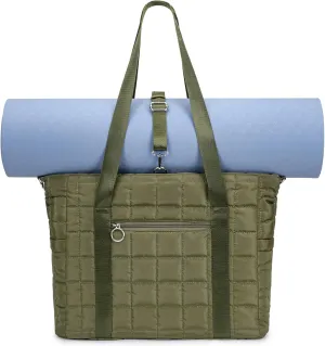 Tote Bag for Women with Zipper, Puffer Gym Tote with Yoga Mat Straps