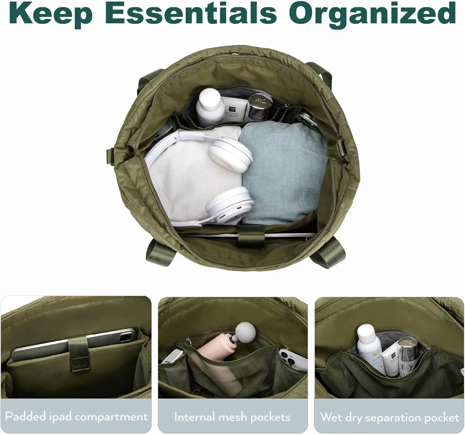 Tote Bag for Women with Zipper, Puffer Gym Tote with Yoga Mat Straps