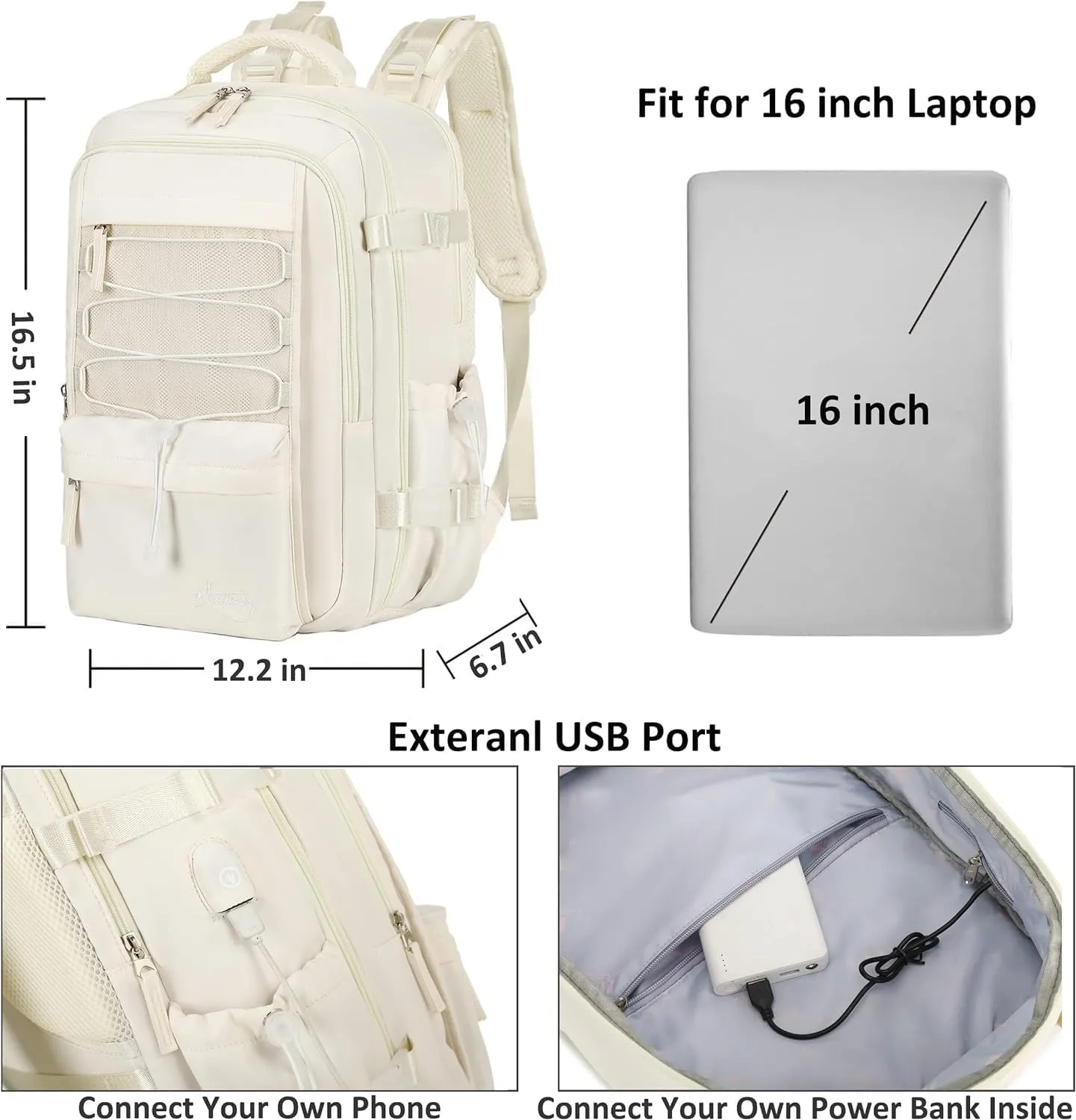 Travel Backpack for Women Men 15.6 Inch Laptop Backpacks with USB Port Carry on Bag Airline Approved Large College School Bookbags Waterproof Work Business Sport Rucksack Casual Daypack (White)