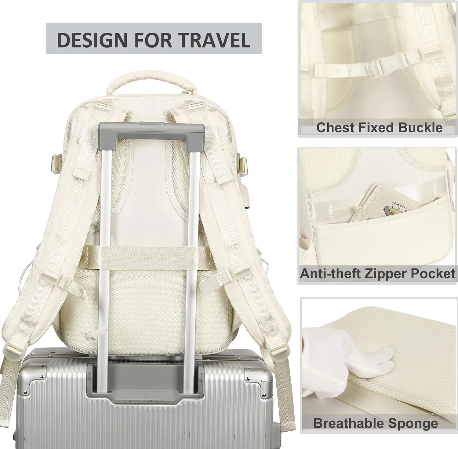 Travel Backpack for Women Men 15.6 Inch Laptop Backpacks with USB Port Carry on Bag Airline Approved Large College School Bookbags Waterproof Work Business Sport Rucksack Casual Daypack (White)