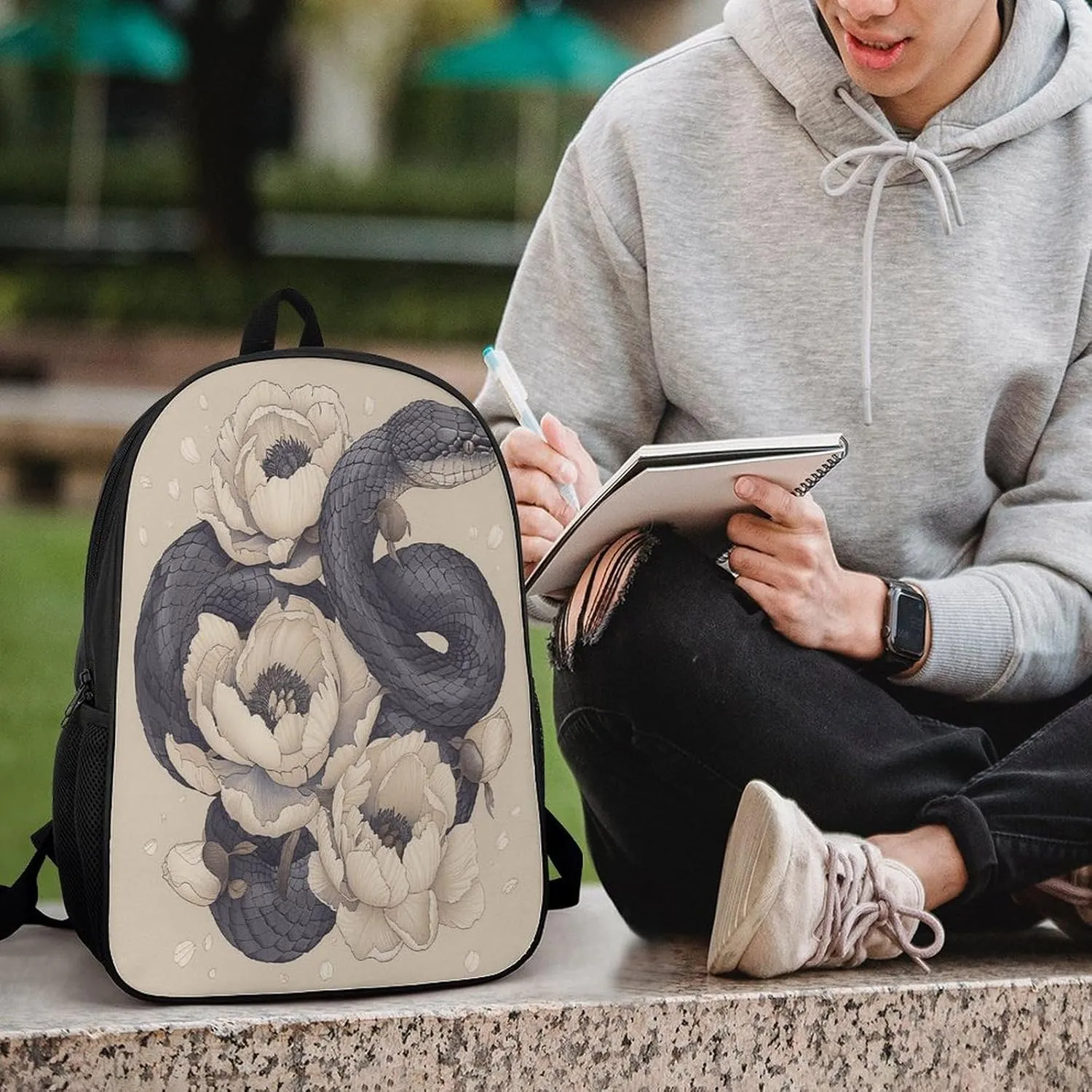 Travel Laptop Backpack Slim Durable Lightweight Back Pack Cute Black Snake And Flower Small Backpack For Women Men