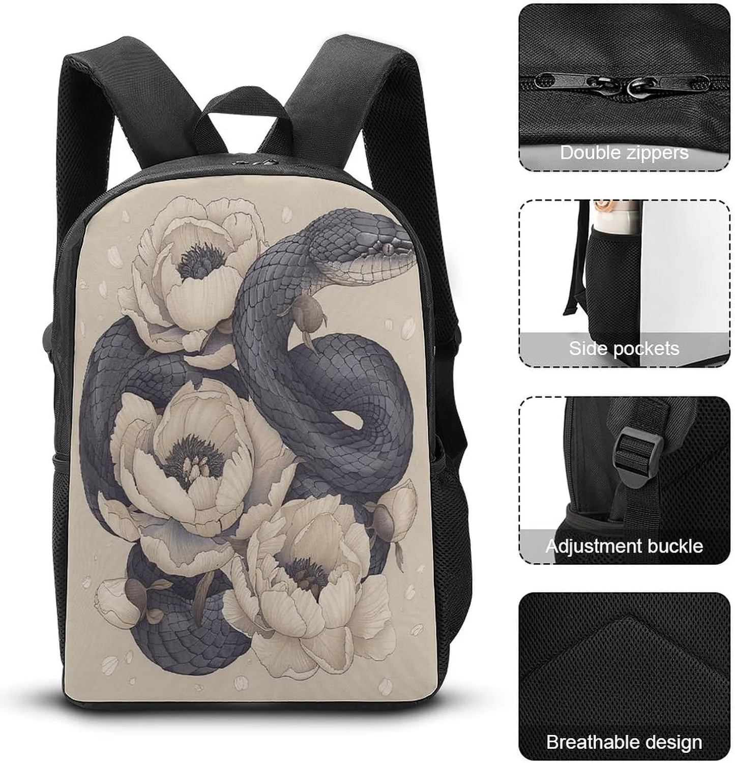 Travel Laptop Backpack Slim Durable Lightweight Back Pack Cute Black Snake And Flower Small Backpack For Women Men