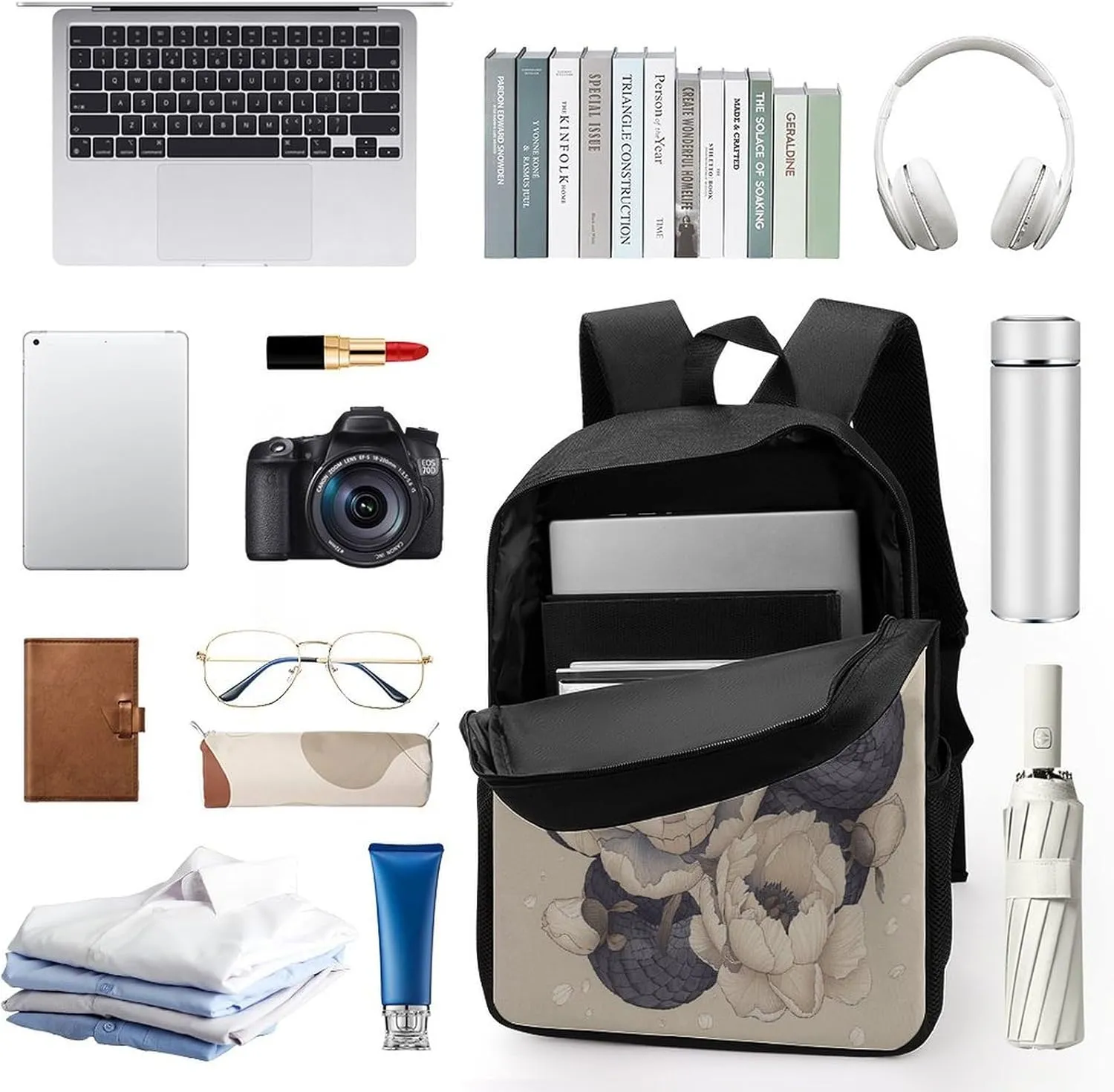Travel Laptop Backpack Slim Durable Lightweight Back Pack Cute Black Snake And Flower Small Backpack For Women Men