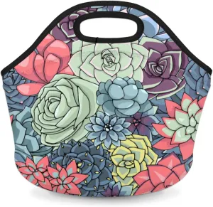 Tropical Succulent Insulated Neoprene Lunch Tote Bag for Women Men Adult, Vintage Succulent Cooler Bag with Zipper Reusable Lunchbox Containers Handbag