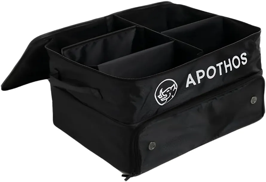 Trunk 2 Level Storage Organizer, Compact, Collapsable, Water Resistant, Breathable, 3 Zippered Pockets, Adjustable Velco Dividers, Shoe Compartment, Integrated Handle, Black
