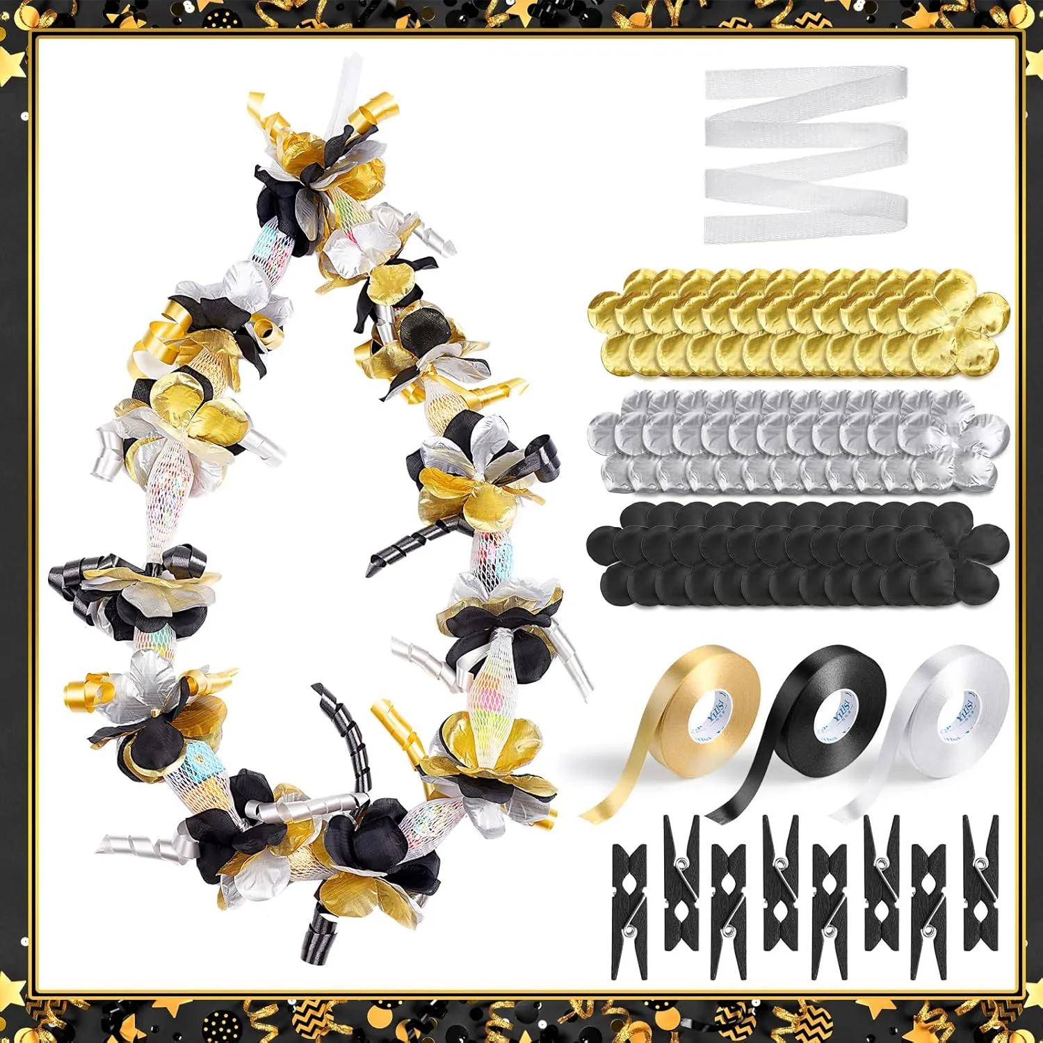 Unittype 6 Sets 2025 Graduation Candy Lei Making Kit DIY Lei Netting Tubing Include 5 ft Mesh Bag 3 Rolls of 98 ft Ribbon 216 Pcs Flower Pieces for Grad Party Supplies(Gold, Silver Gray, Black)