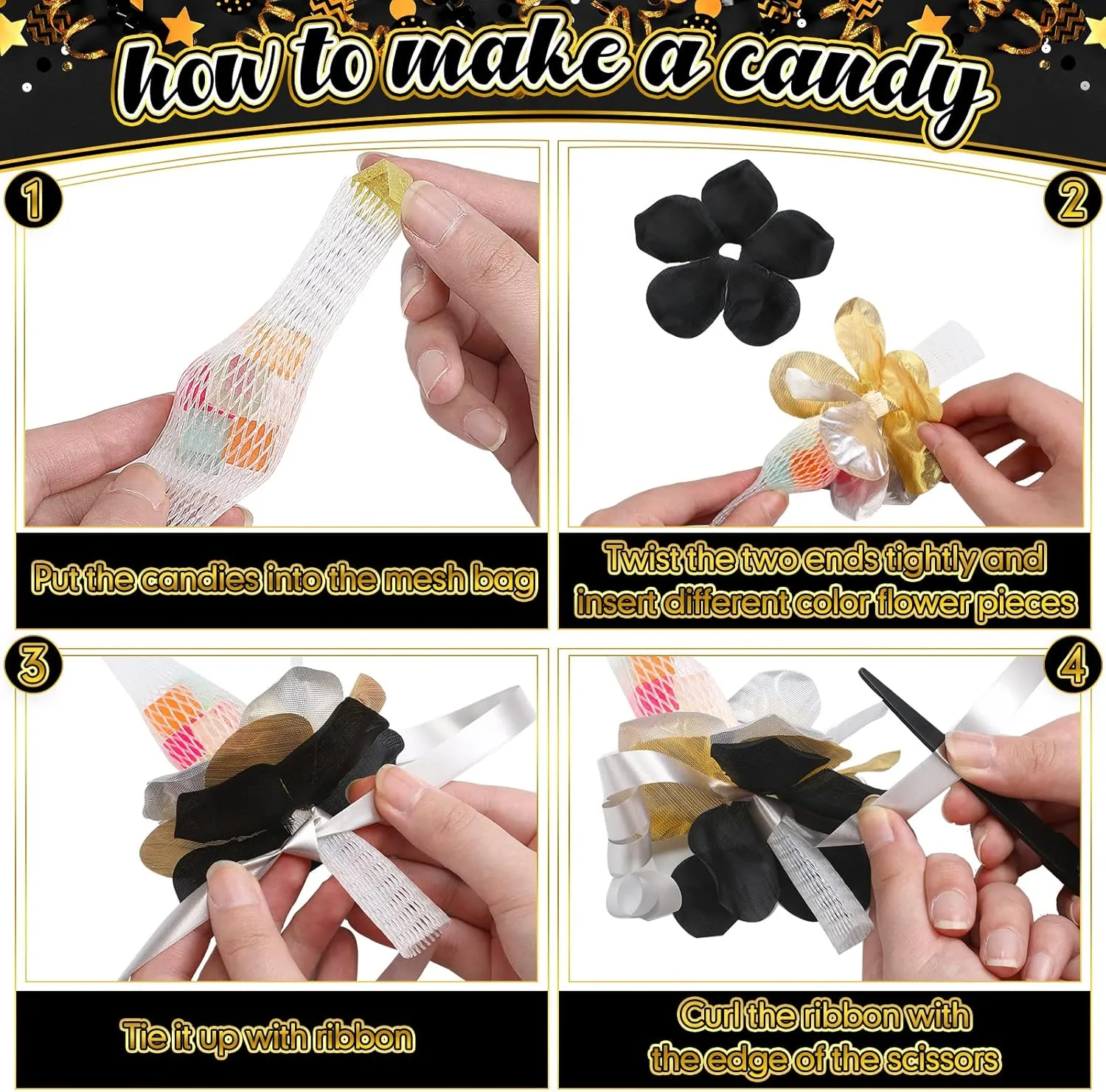 Unittype 6 Sets 2025 Graduation Candy Lei Making Kit DIY Lei Netting Tubing Include 5 ft Mesh Bag 3 Rolls of 98 ft Ribbon 216 Pcs Flower Pieces for Grad Party Supplies(Gold, Silver Gray, Black)