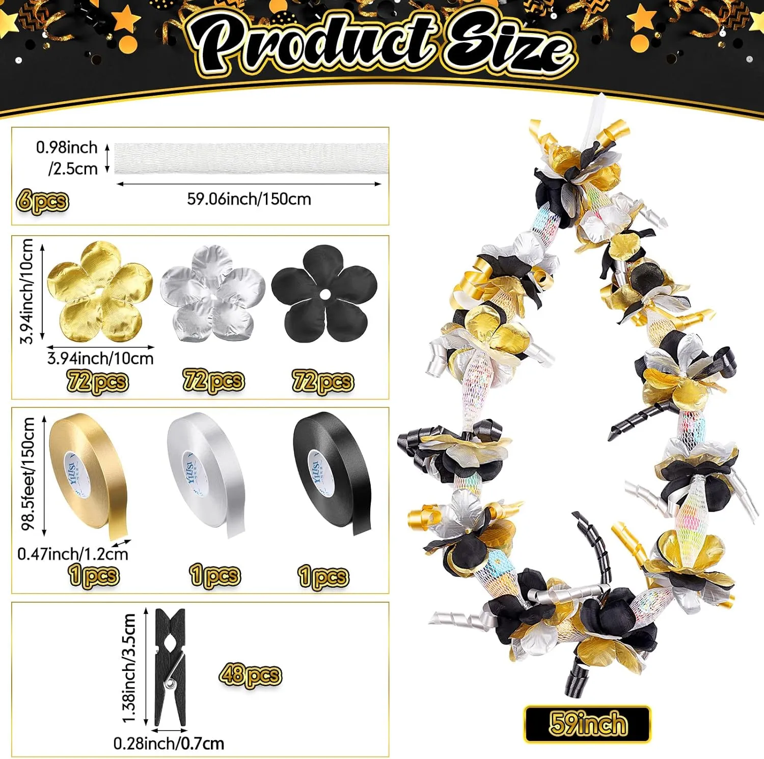 Unittype 6 Sets 2025 Graduation Candy Lei Making Kit DIY Lei Netting Tubing Include 5 ft Mesh Bag 3 Rolls of 98 ft Ribbon 216 Pcs Flower Pieces for Grad Party Supplies(Gold, Silver Gray, Black)