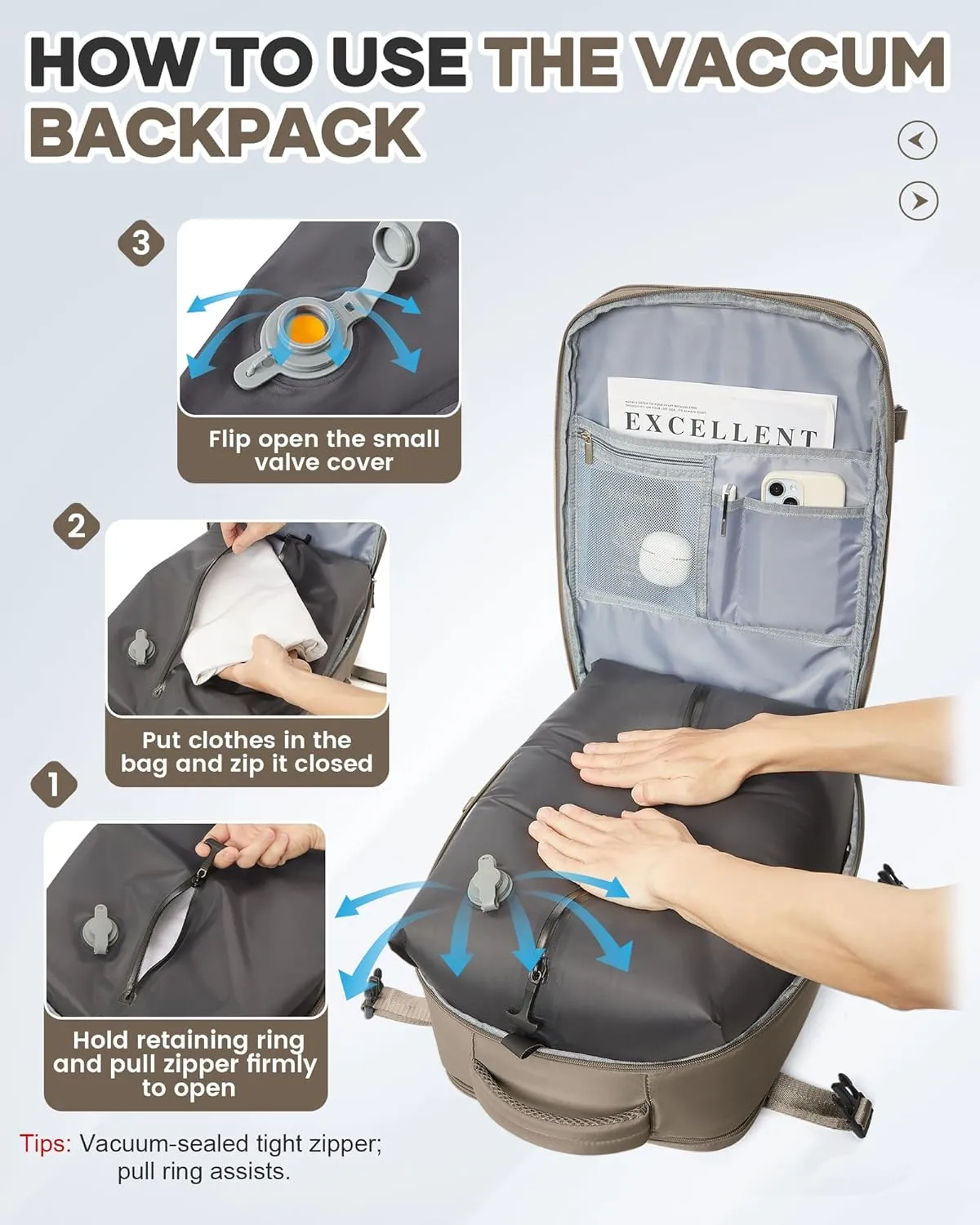 Vacuum Backpack Travel for Women Men Large Carry on Backpack Luggage Flight Approved Personal item Travel Bag with Vacuum System Coffee without Pump