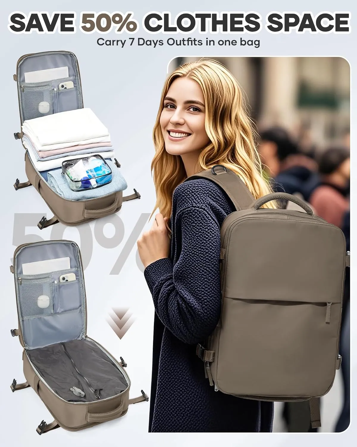 Vacuum Backpack Travel for Women Men Large Carry on Backpack Luggage Flight Approved Personal item Travel Bag with Vacuum System Coffee without Pump