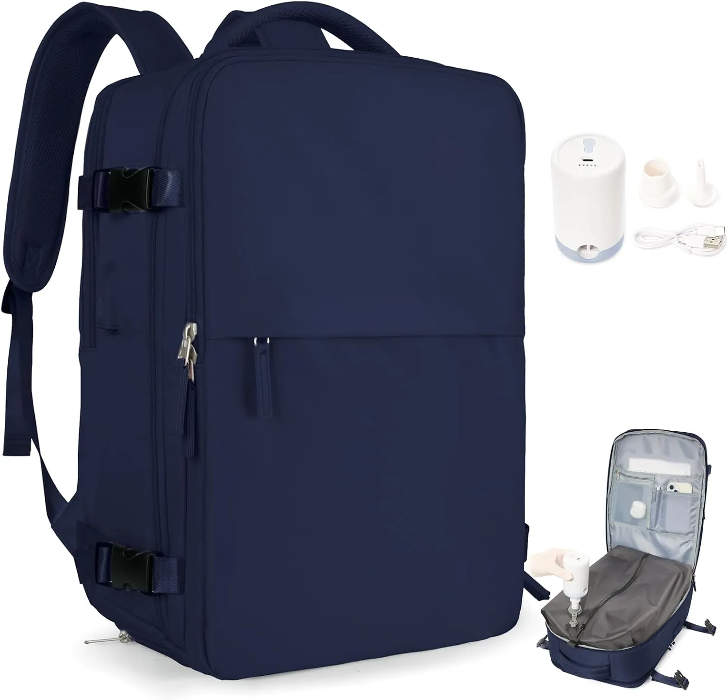 Vacuum Backpack Travel with Pump for Women Men Large Carry on Backpack Luggage Flight Approved Personal item Travel Bag with Vacuum System Navy Blue