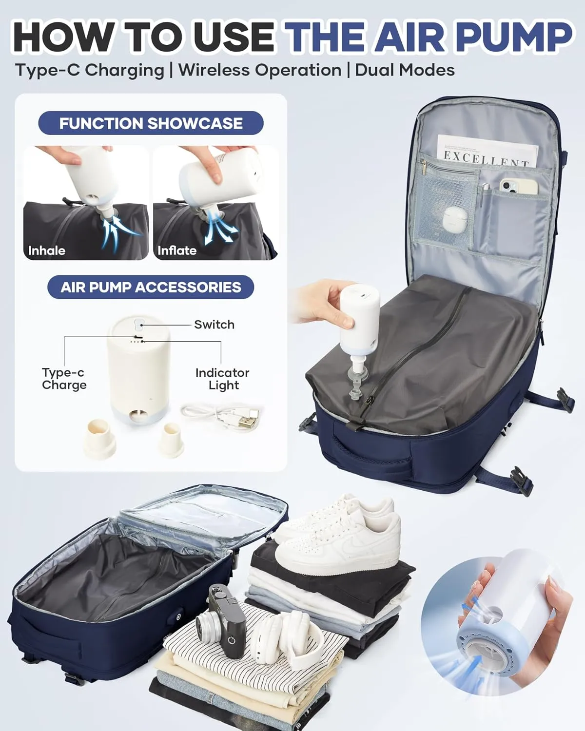 Vacuum Backpack Travel with Pump for Women Men Large Carry on Backpack Luggage Flight Approved Personal item Travel Bag with Vacuum System Navy Blue