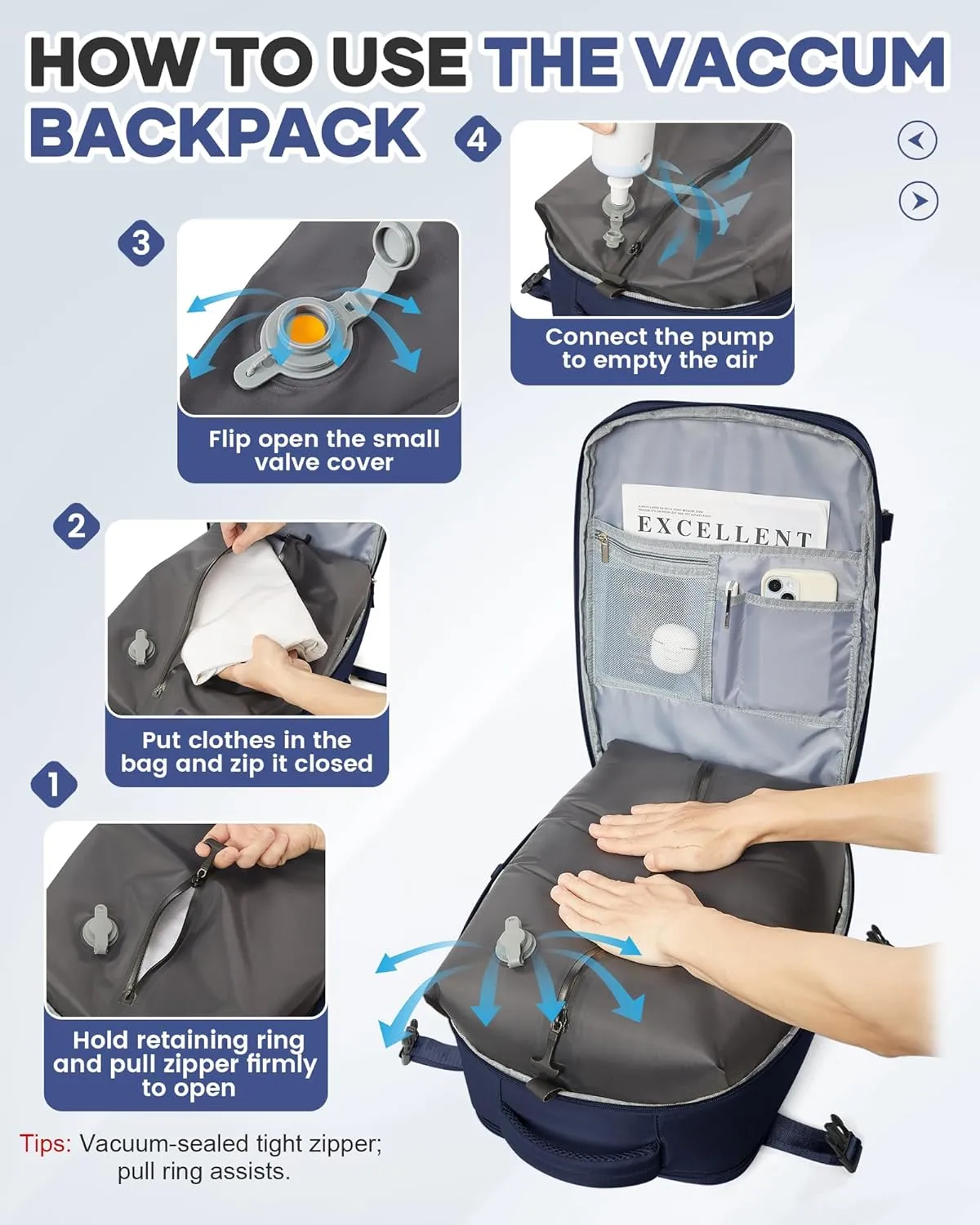 Vacuum Backpack Travel with Pump for Women Men Large Carry on Backpack Luggage Flight Approved Personal item Travel Bag with Vacuum System Navy Blue