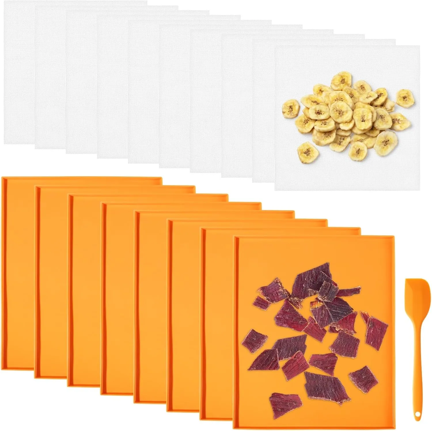 Varku 18 Pcs Silicone Dehydrator Sheets, Including 8 Packs DehydrationMats with Edges & 10 Pcs Mesh Sheets, Nonstick Dehydrator Accessories with Silicone Scraper, Reusable Fruit Dryer Liners