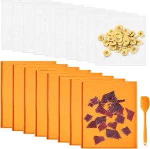 Varku 18 Pcs Silicone Dehydrator Sheets, Including 8 Packs DehydrationMats with Edges & 10 Pcs Mesh Sheets, Nonstick Dehydrator Accessories with Silicone Scraper, Reusable Fruit Dryer Liners