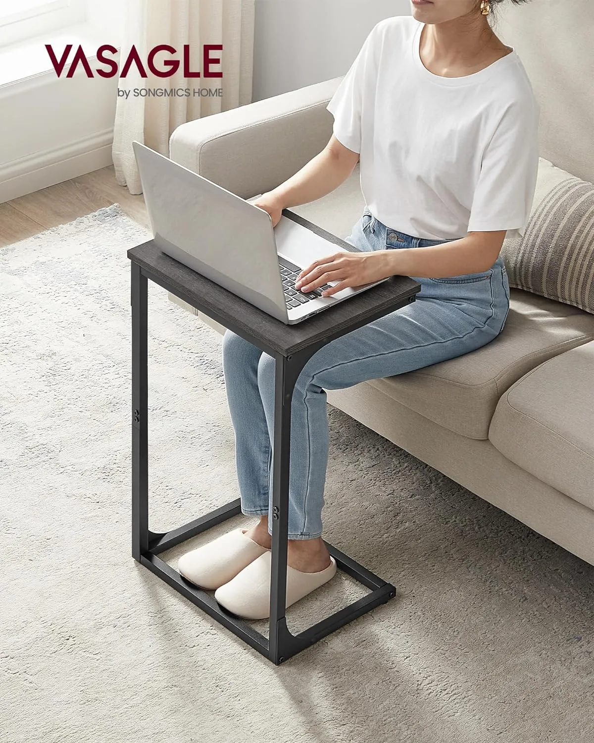 VASAGLE C-Shaped End Table, Side Table for Sofa, Couch with Metal Frame, Small TV Tray for Living Room, Bedroom in Misty Gray and Black