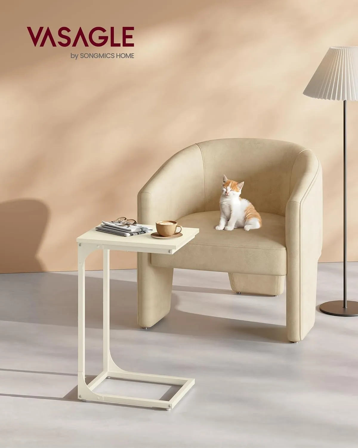VASAGLE C-Shaped End Table, Small Side Table for Couch, Sofa Table with Metal Frame for Living Room, Bedroom, Bedside, Cream White