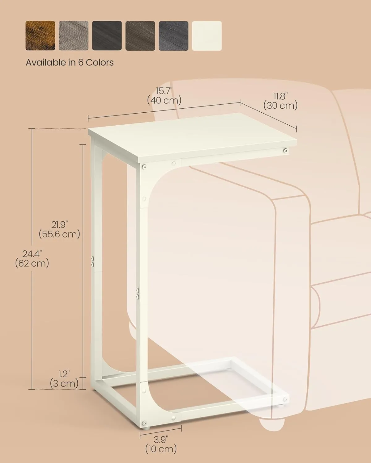 VASAGLE C-Shaped End Table, Small Side Table for Couch, Sofa Table with Metal Frame for Living Room, Bedroom, Bedside, Cream White