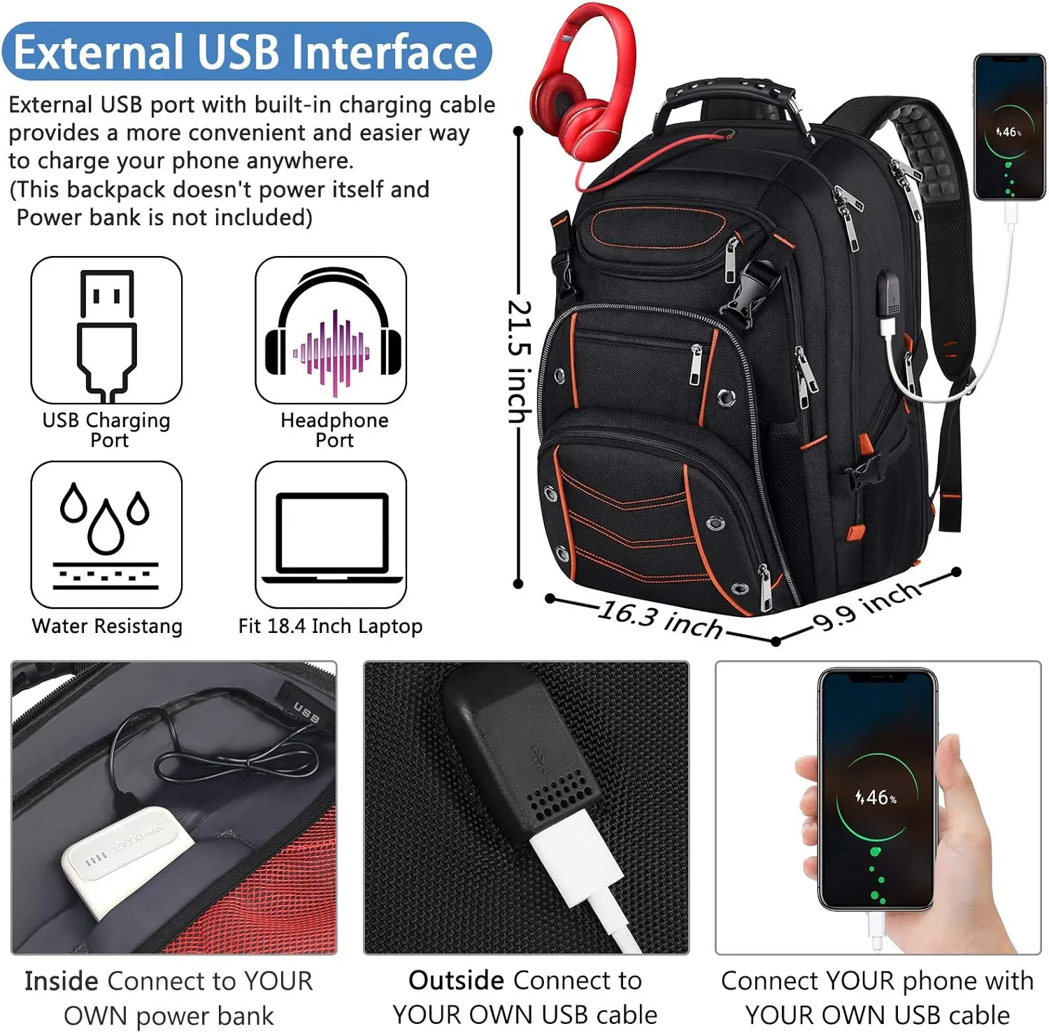 VECKUSON 18.4 Laptop Backpack for Men, 55L Extra Large Gaming Laptops Backpack with USB Charger Port,TSA Friendly Flight Approved and RFID Anti-Theft Pocket