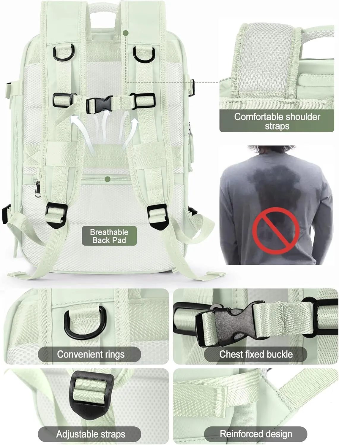 VGCUB Large Travel Backpack,Carry on Backpack for Women Men Airline Approved Gym Backpack Waterproof Business Laptop Daypack,Green With Toiletry Bag