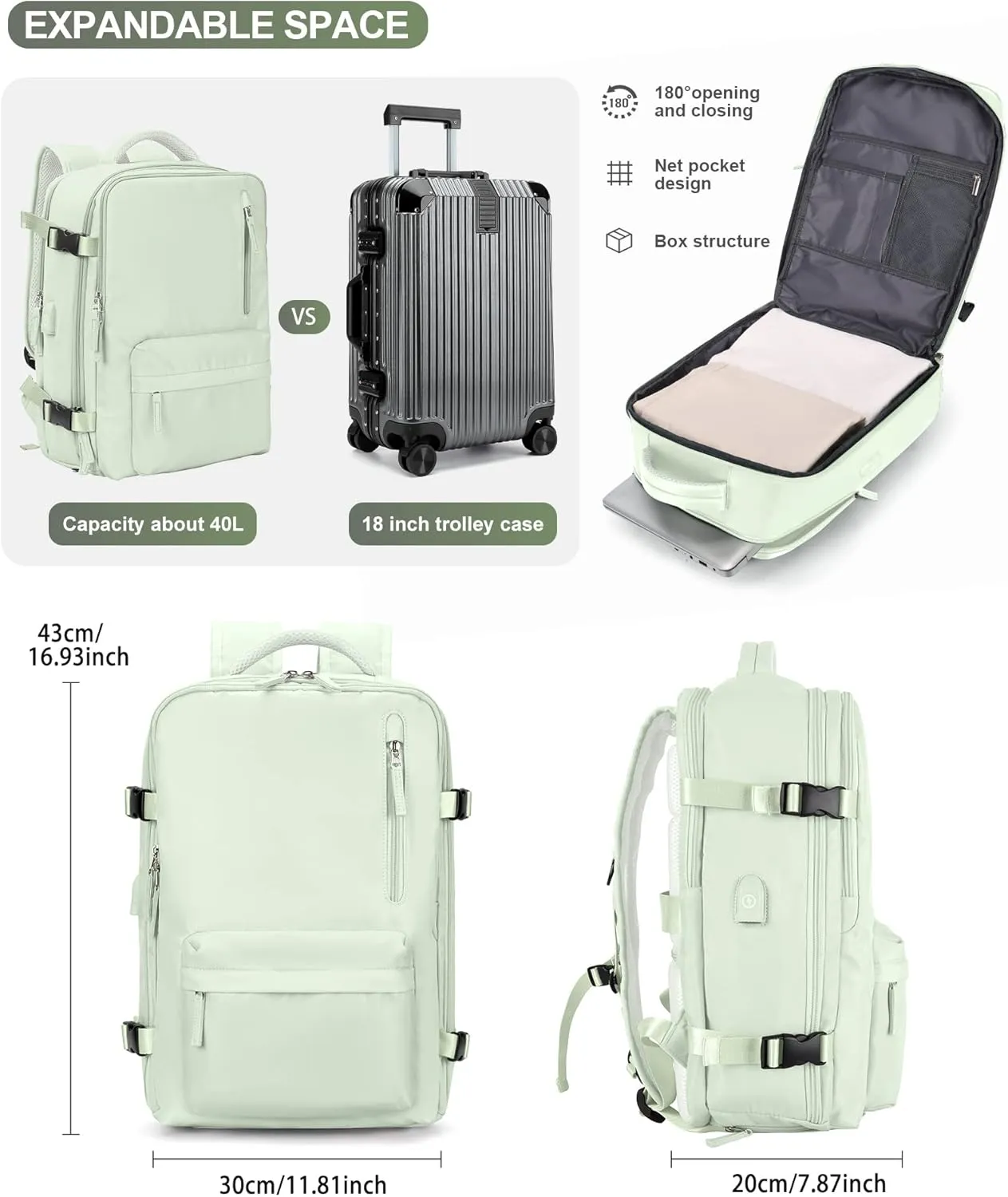 VGCUB Large Travel Backpack,Carry on Backpack for Women Men Airline Approved Gym Backpack Waterproof Business Laptop Daypack,Green With Toiletry Bag