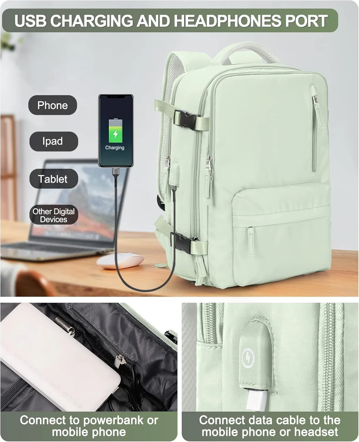 VGCUB Large Travel Backpack,Carry on Backpack for Women Men Airline Approved Gym Backpack Waterproof Business Laptop Daypack,Green With Toiletry Bag