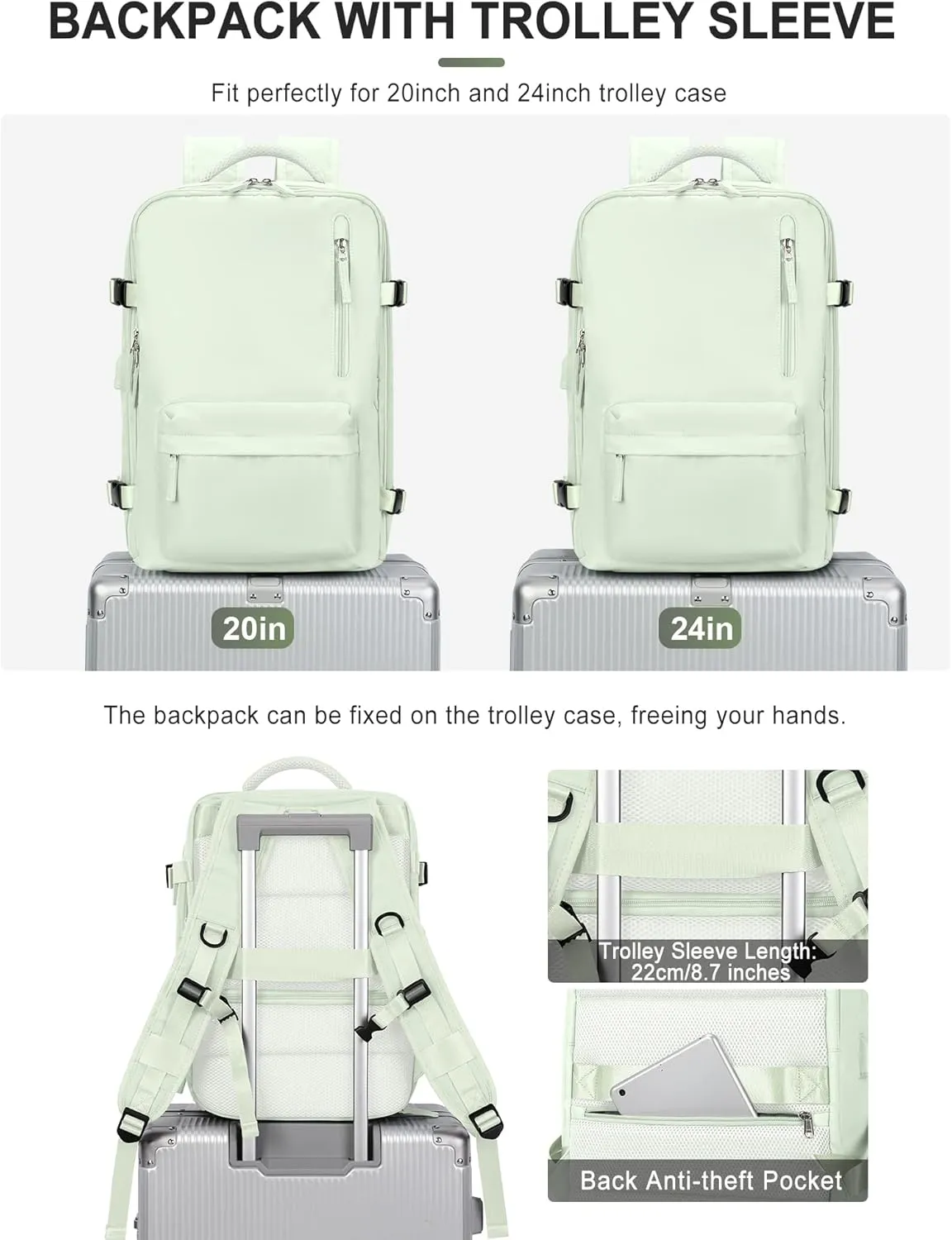 VGCUB Large Travel Backpack,Carry on Backpack for Women Men Airline Approved Gym Backpack Waterproof Business Laptop Daypack,Green With Toiletry Bag